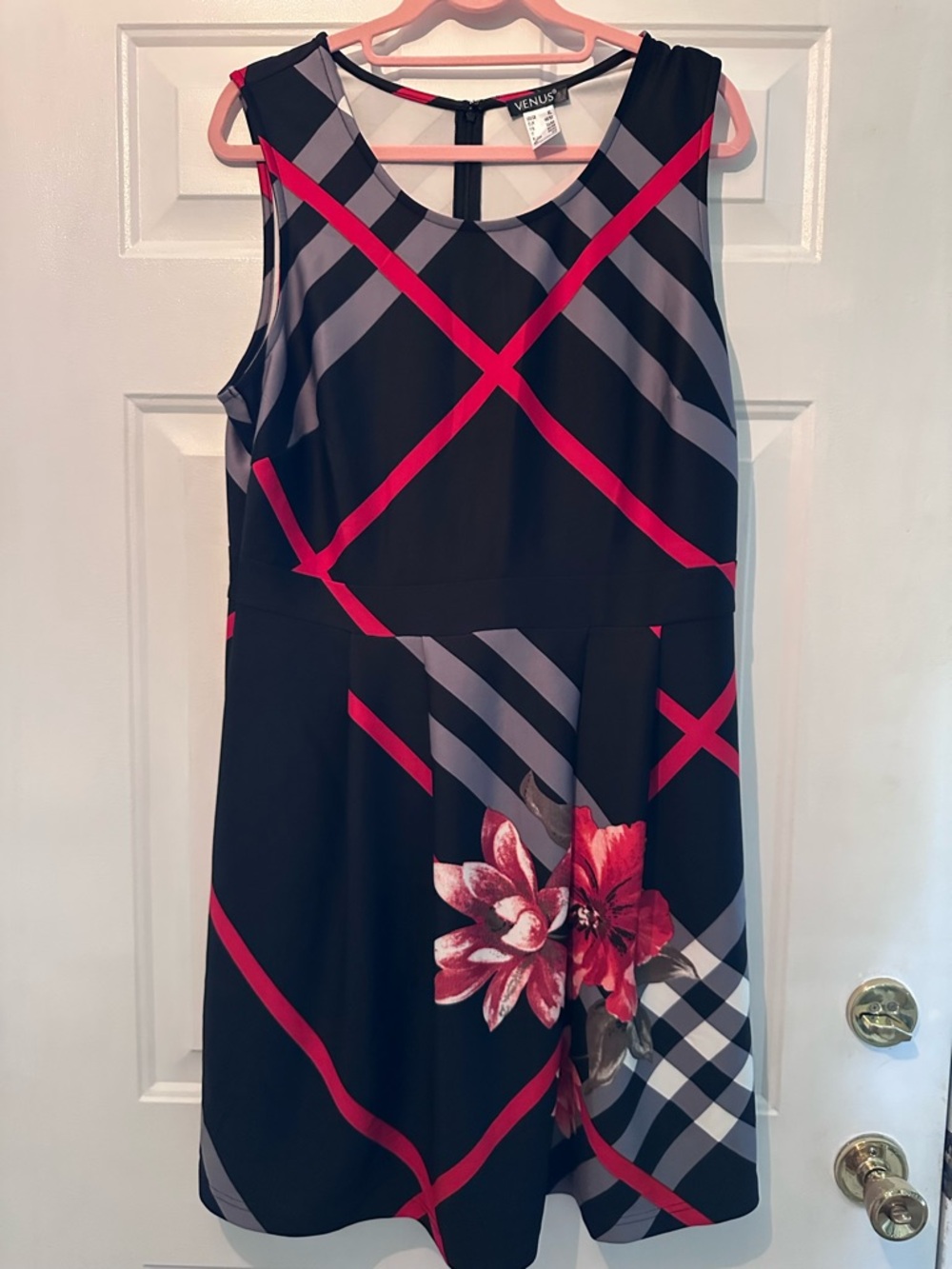 XL VENUS Black Dress with Red Plaid Stripes & Pink Floral Accent